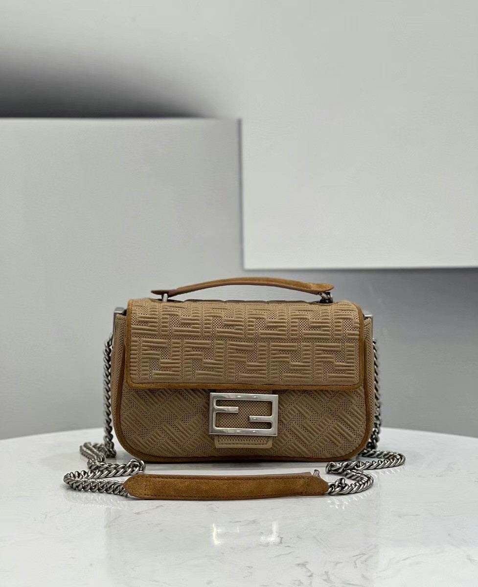 Fendi Midi Baguette Chain Bag In Beige FF Fabric 616