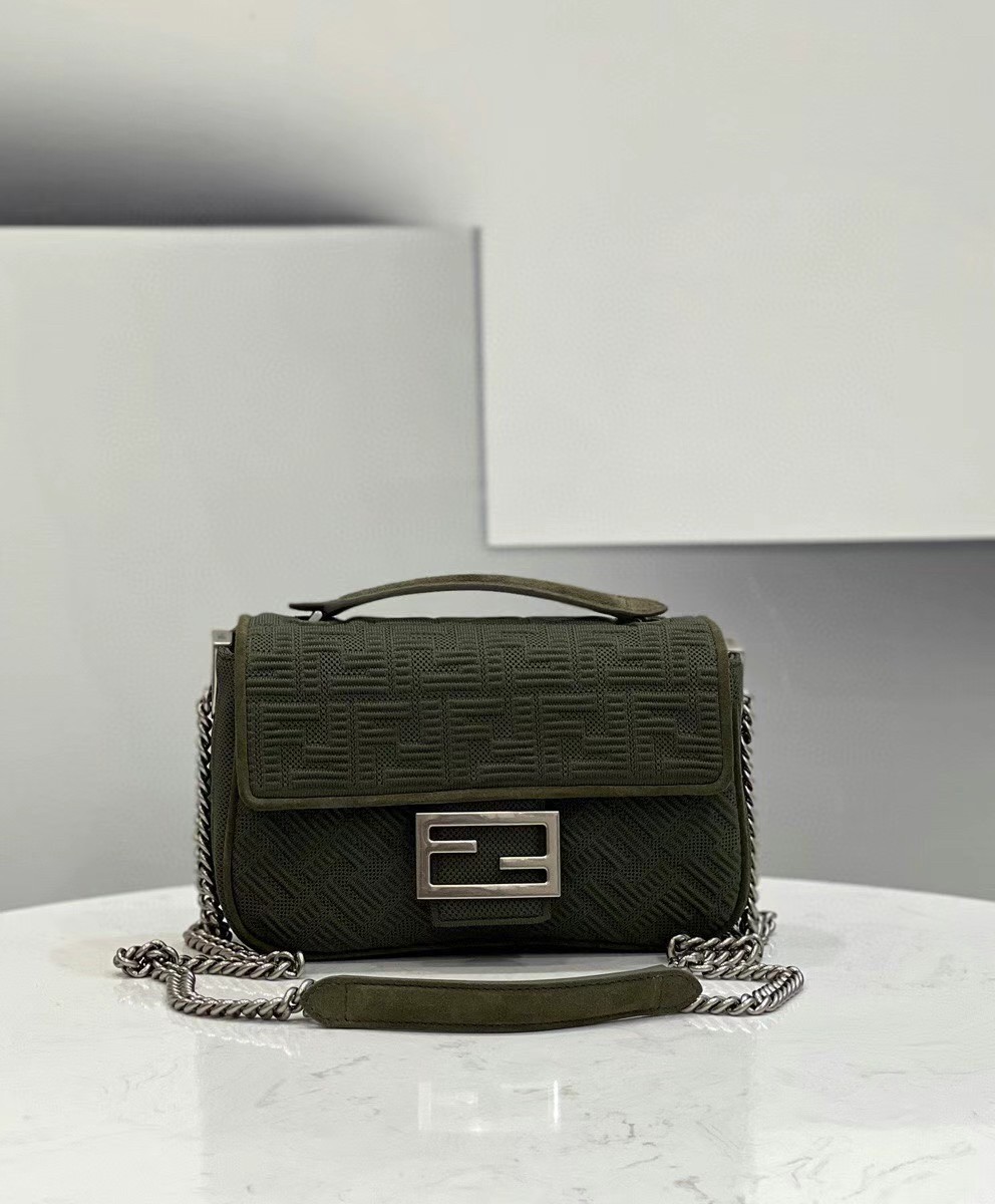 Fendi Midi Baguette Chain Bag In Green FF Fabric 085