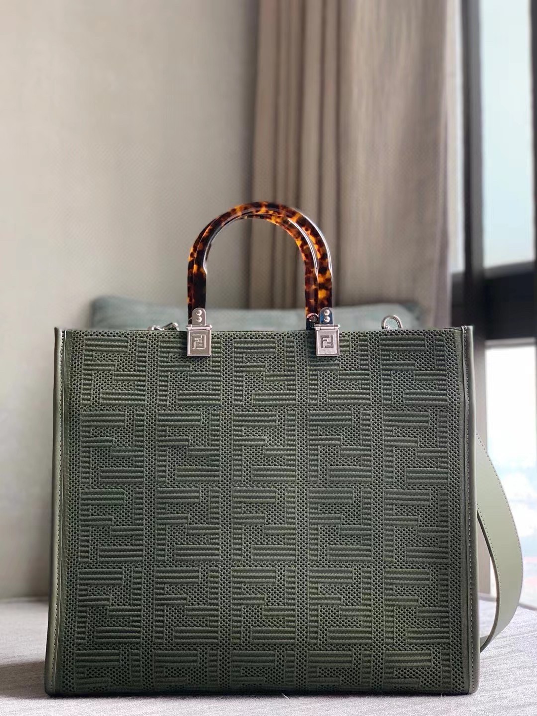 Fendi Sunshine Medium Shopper Bag In Green FF Fabric 694