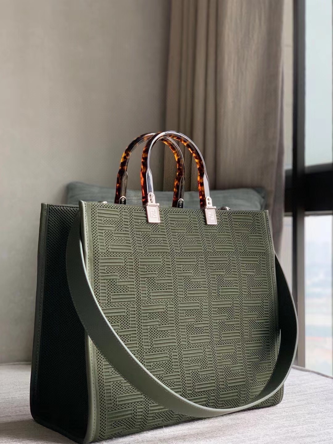 Fendi Sunshine Medium Shopper Bag In Green FF Fabric 694