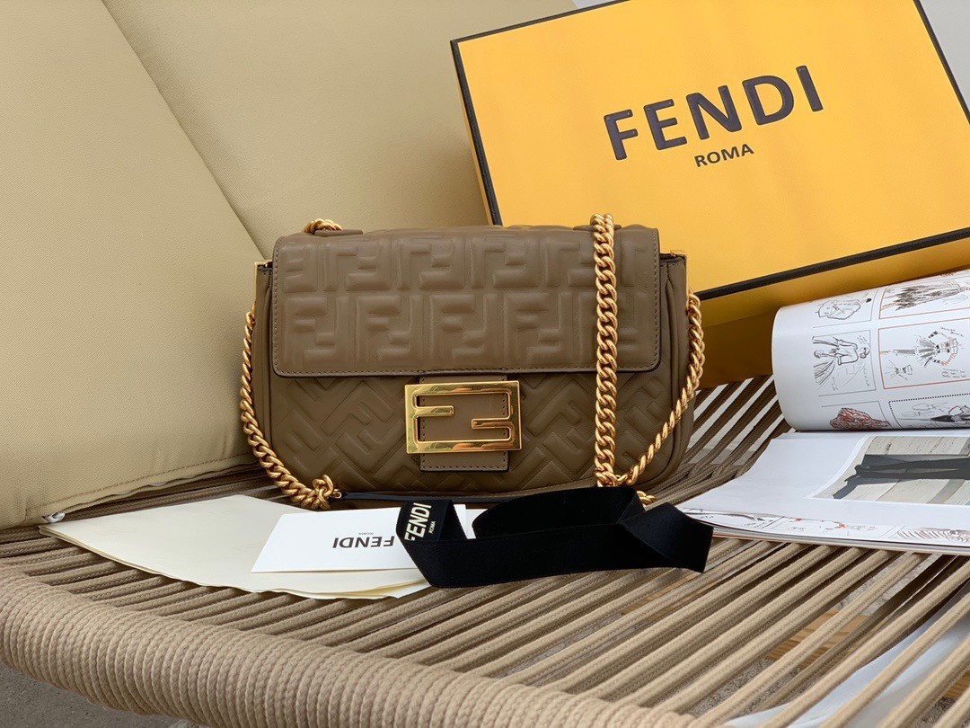 Fendi Baguette Chain Midi Bag In Taupe Nappa Leather 944