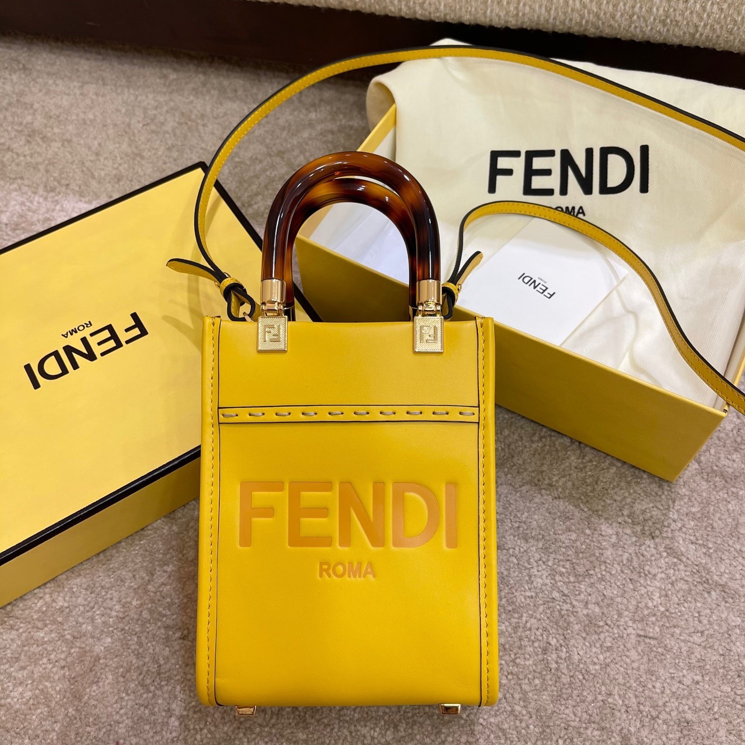 Fendi Mini Sunshine Shopper Bag In Yellow Leather 199