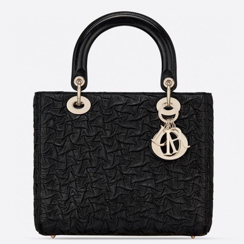 Dior Lady Dior Medium Bag In Black Wavy Crinkled Lambskin 187