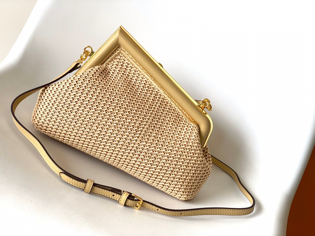 Fendi First Small Bag In Beige Raffia Macrame 813