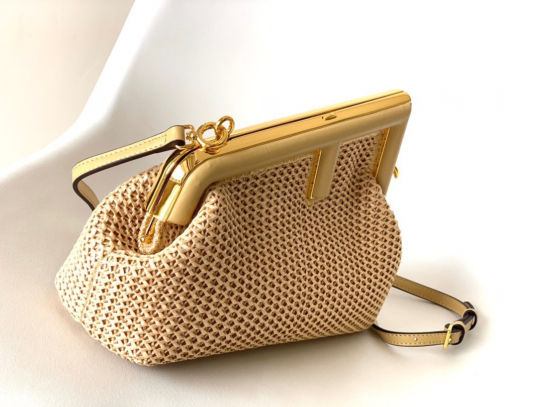 Fendi First Small Bag In Beige Raffia Macrame 813