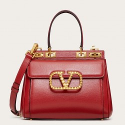 Valentino Rockstud Alcove Medium Top Handle Bag In Red Calfskin 802