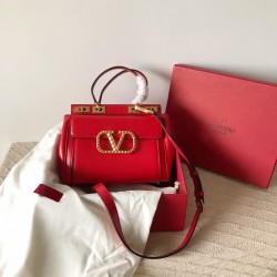 Valentino Rockstud Alcove Medium Top Handle Bag In Red Calfskin 802