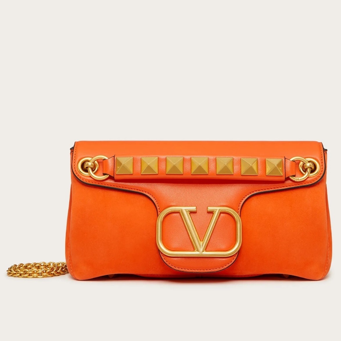 Valentino Stud Sign Shoulder Bag In Orange Nappa Leather 829