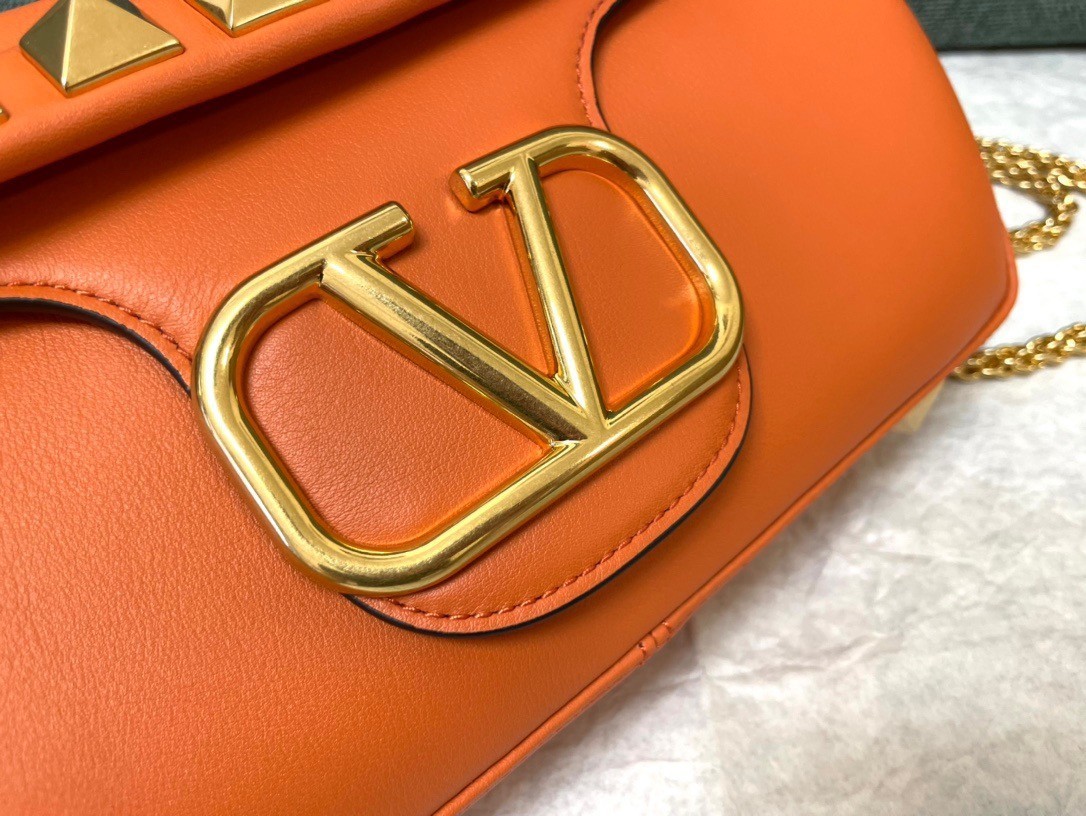 Valentino Stud Sign Shoulder Bag In Orange Nappa Leather 829