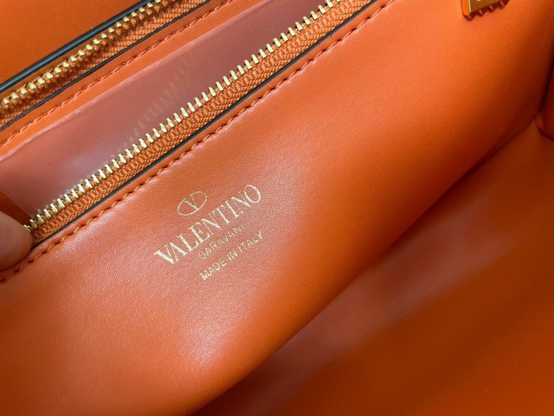 Valentino Stud Sign Shoulder Bag In Orange Nappa Leather 829