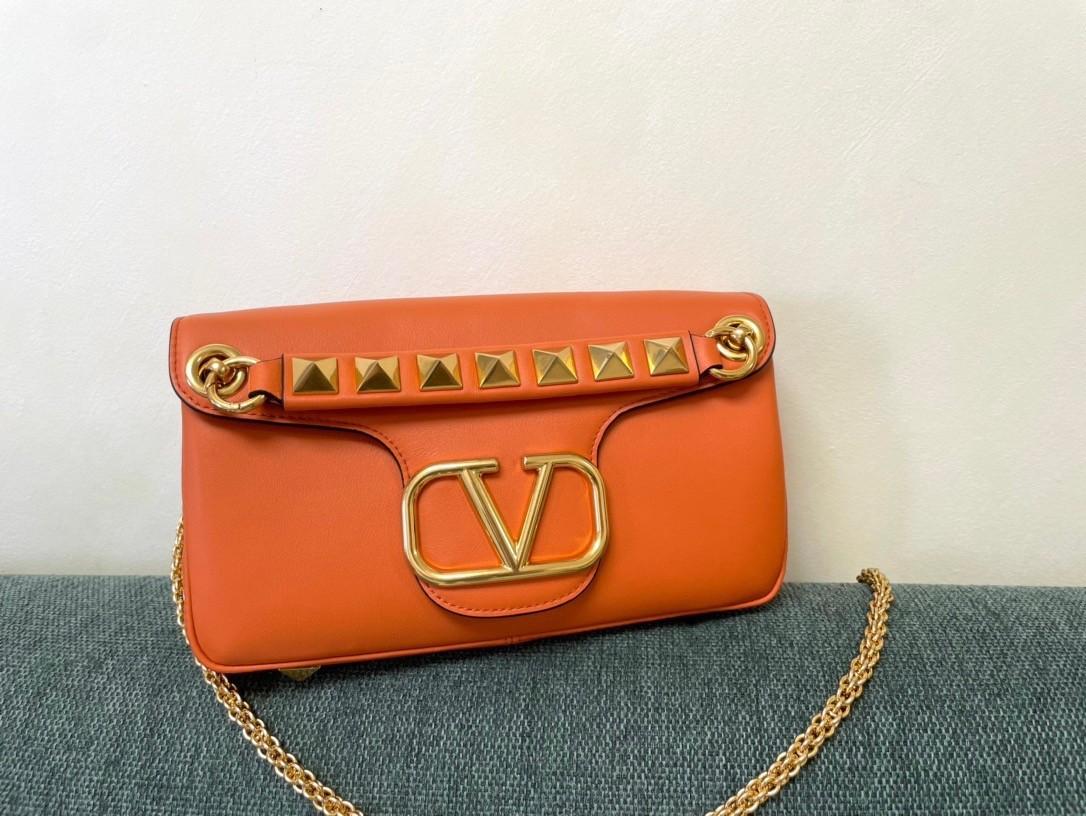 Valentino Stud Sign Shoulder Bag In Orange Nappa Leather 829