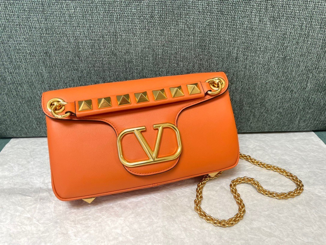 Valentino Stud Sign Shoulder Bag In Orange Nappa Leather 829