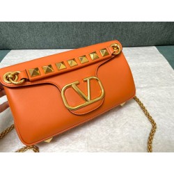 Valentino Stud Sign Shoulder Bag In Orange Nappa Leather 829