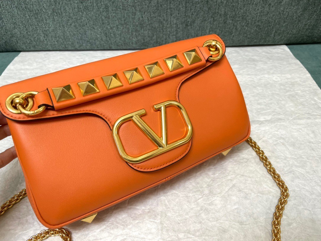 Valentino Stud Sign Shoulder Bag In Orange Nappa Leather 829