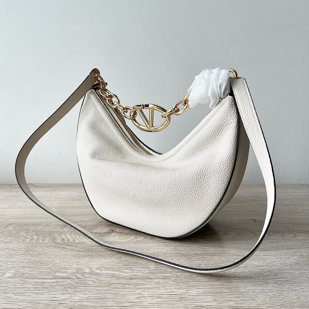 Valentino VLogo Moon Small Hobo Bag with Chain in White Leather 057