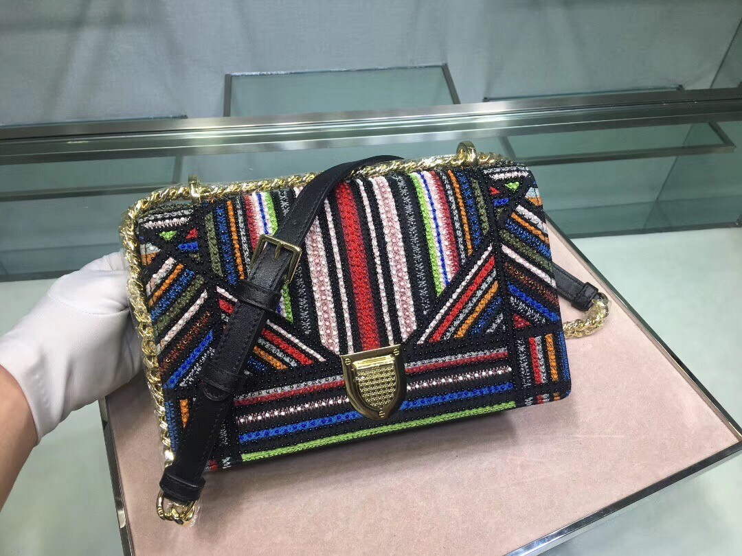Dior Diorama Canvas Bag Embroidered With Multi-coloured Stripes 947