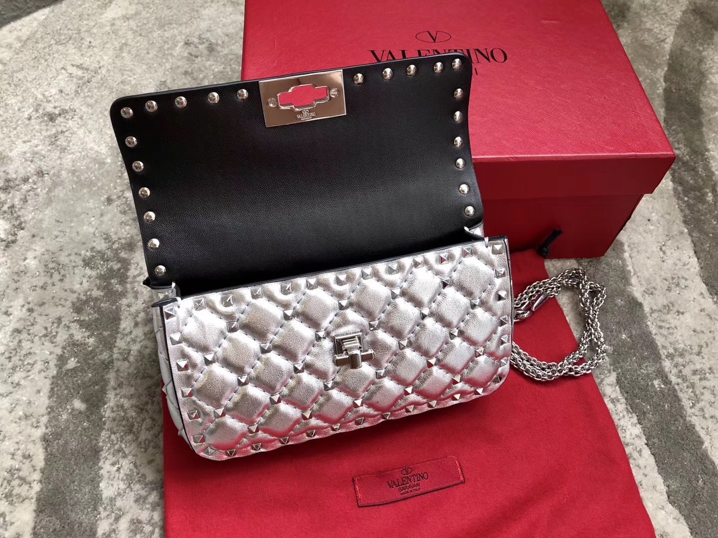 Valentino Rockstud Spike Small Bag In Silver Metallic Lambskin 760