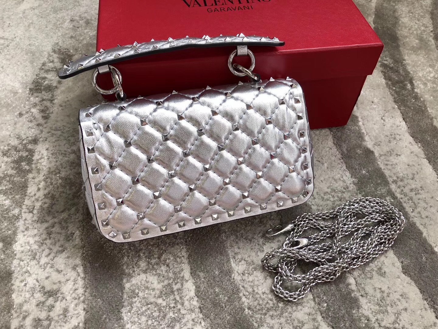 Valentino Rockstud Spike Small Bag In Silver Metallic Lambskin 760