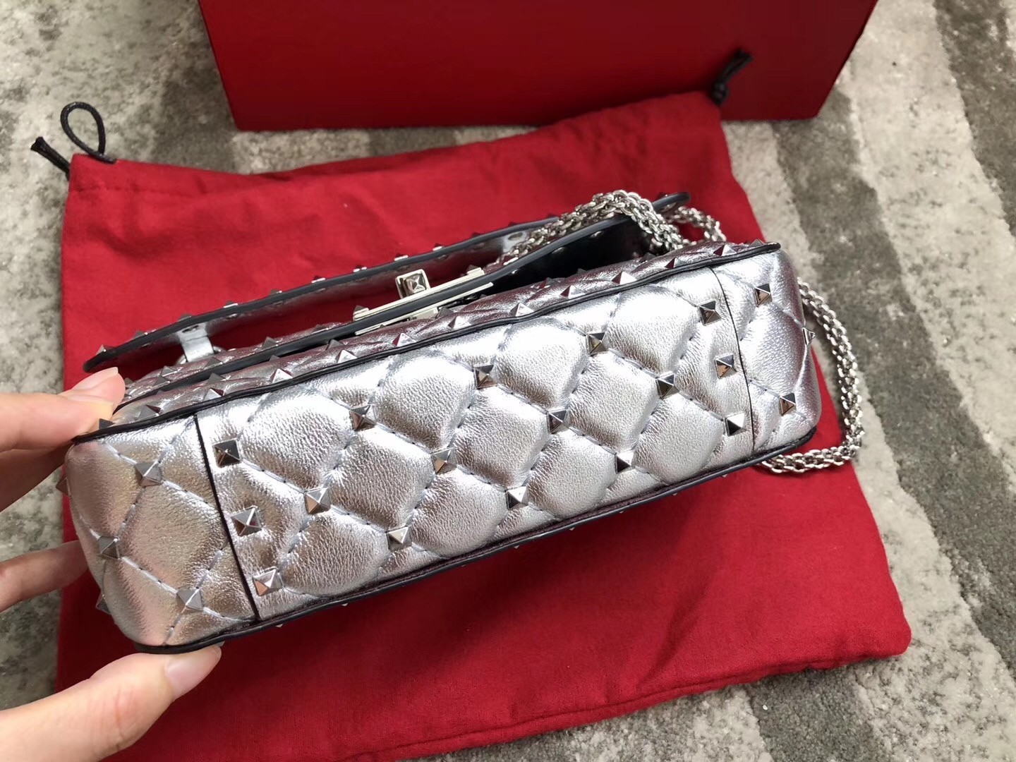 Valentino Rockstud Spike Small Bag In Silver Metallic Lambskin 760