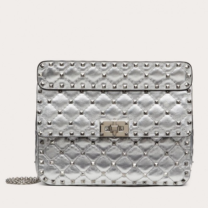 Valentino Rockstud Spike Medium Bag In Silver Metallic Lambskin 785