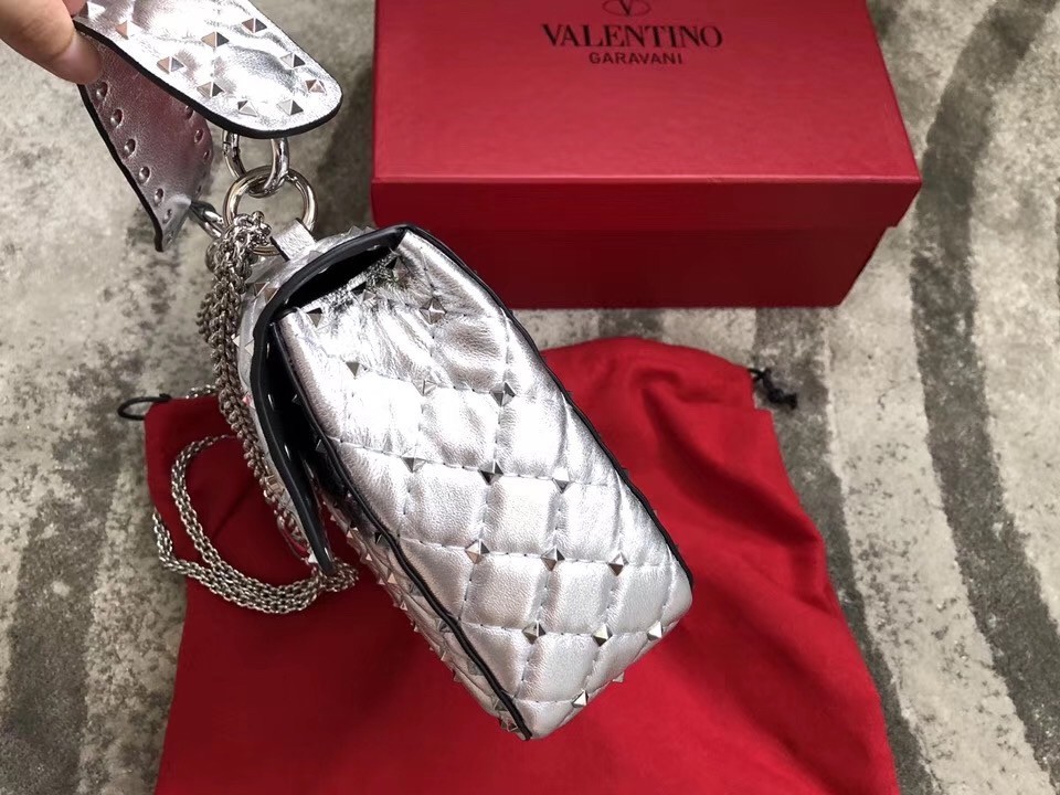 Valentino Rockstud Spike Medium Bag In Silver Metallic Lambskin 785