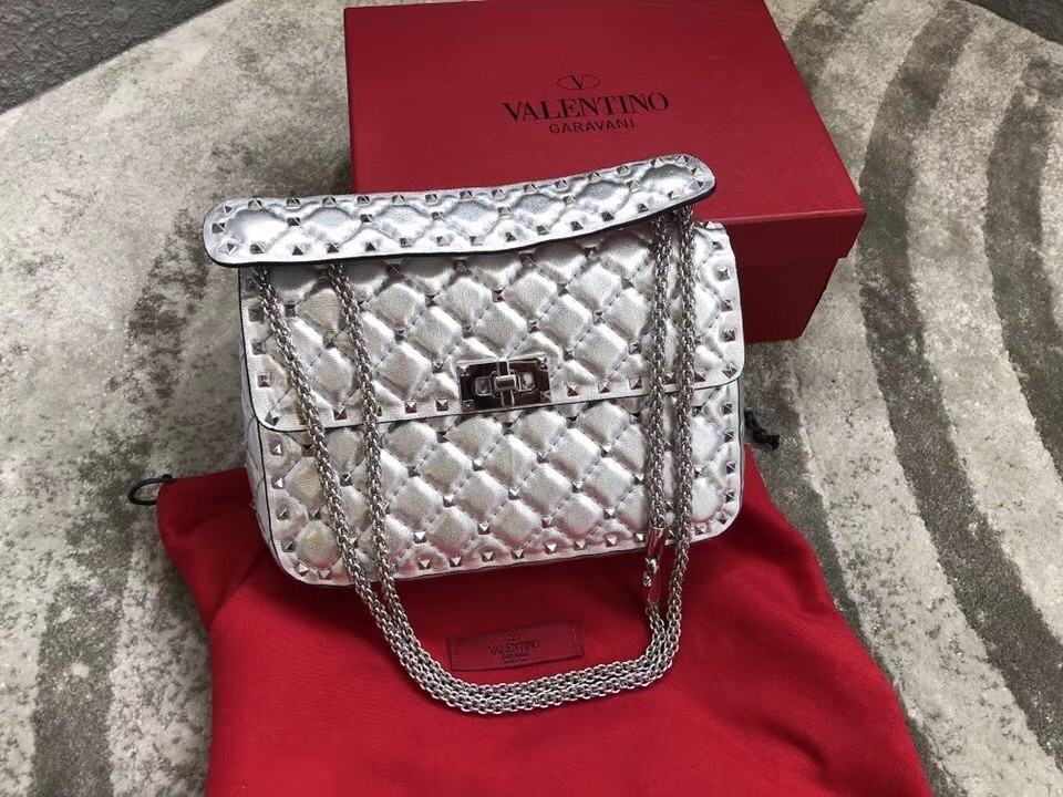 Valentino Rockstud Spike Medium Bag In Silver Metallic Lambskin 785