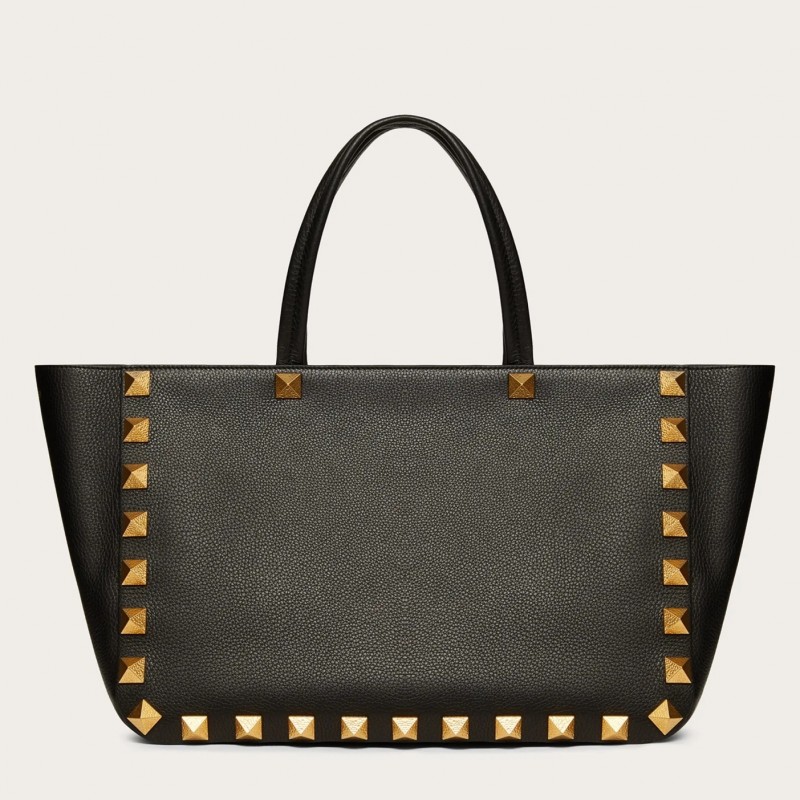 Valentino Roman Stud Tote Bag In Black Grainy Calfskin 909