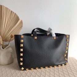 Valentino Roman Stud Tote Bag In Black Grainy Calfskin 909