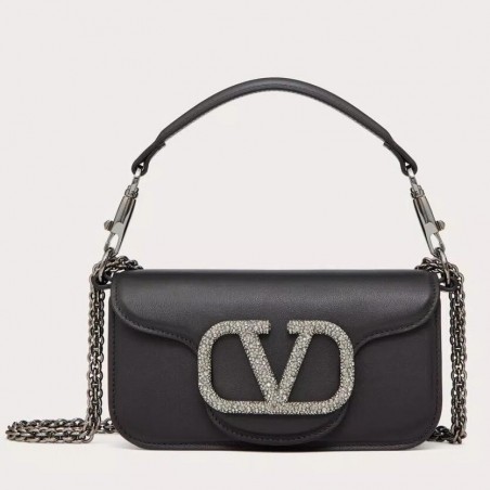 Valentino Small Loco Shoulder Black Bag with Crystals Logo 964