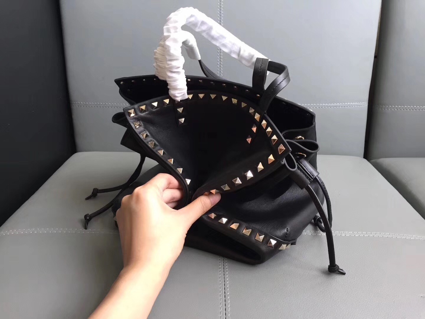 Valentino Black Rockstud Double Handle Drawstring Bag 145