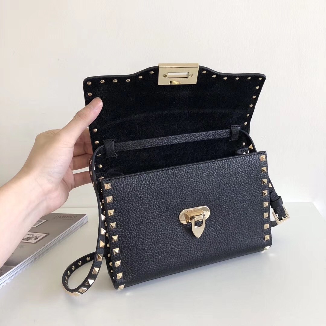 Valentino Rockstud Small Crossbody Bag In Black Grained Leather 173