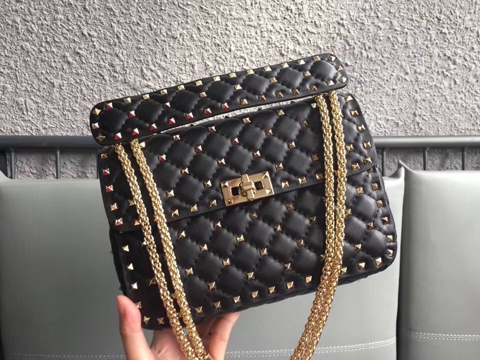 Valentino Rockstud Spike Medium Bag In Black Nappa Leather 234