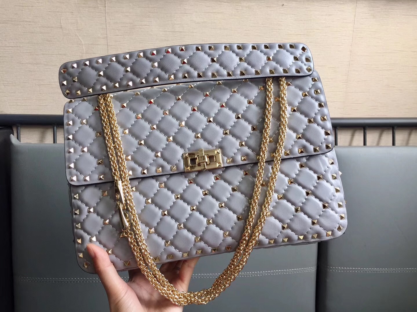 Valentino Large Rockstud Spike Bag In Pale Blue Lambskin 846