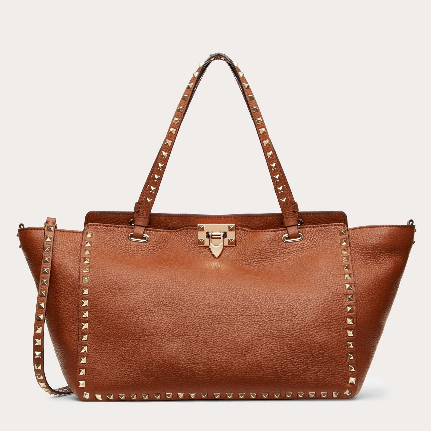 Valentino Medium Rockstud Tote Bag In Brown Grainy Calfskin 536