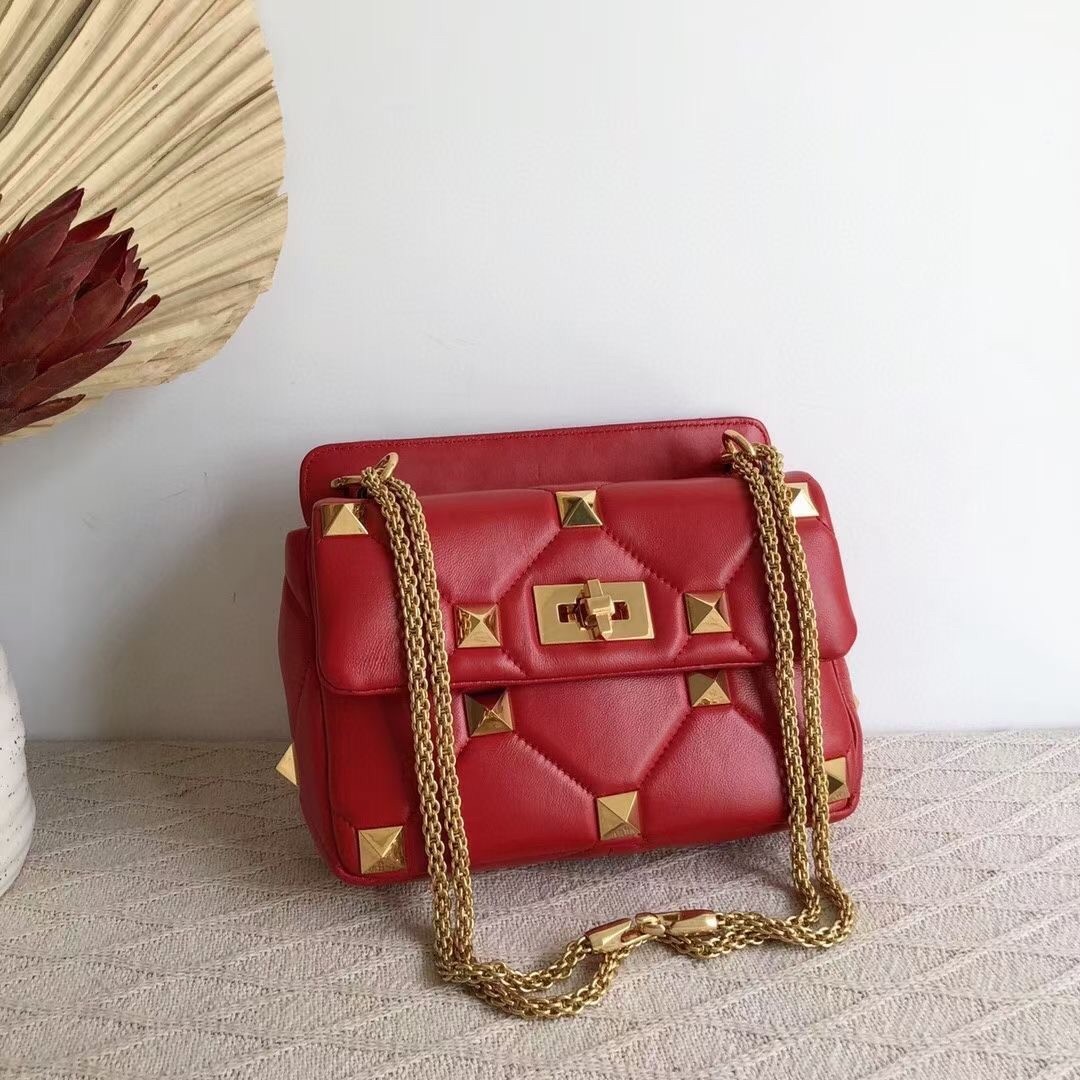 Valentino Medium Roman Stud Chain Bag In Red Nappa 156