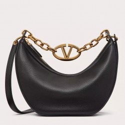 Valentino VLogo Moon Small Hobo Bag with Chain in Black Leather 179