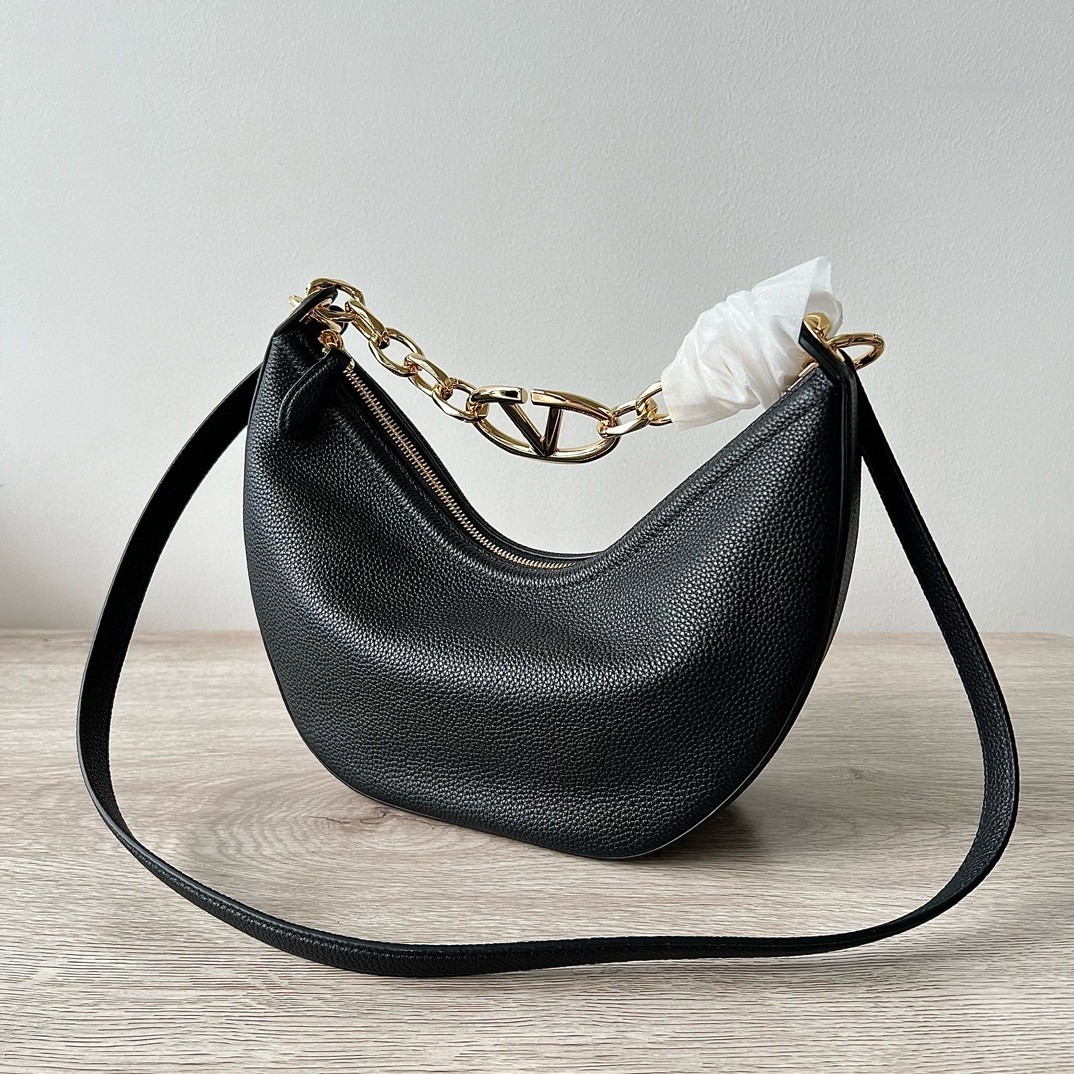 Valentino VLogo Moon Small Hobo Bag with Chain in Black Leather 179