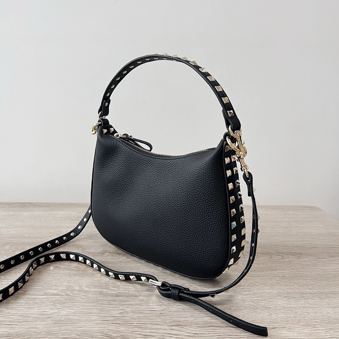 Valentino Rockstud Small Hobo Bag in Black Grainy Calfskin 349