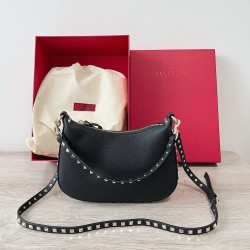 Valentino Rockstud Small Hobo Bag in Black Grainy Calfskin 349