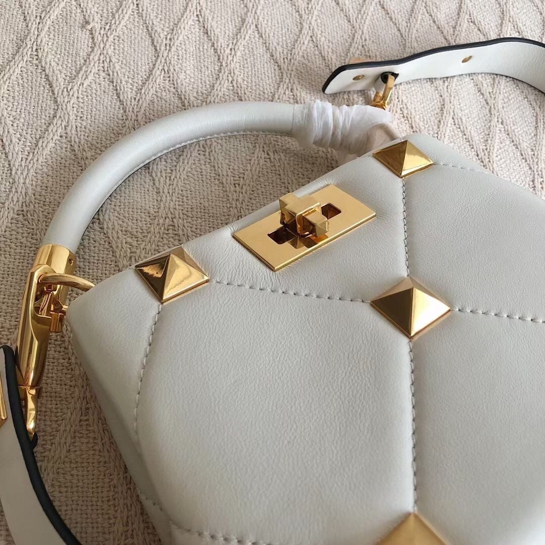 Valentino Small Roman Stud Top Handle Bag In White Nappa 375