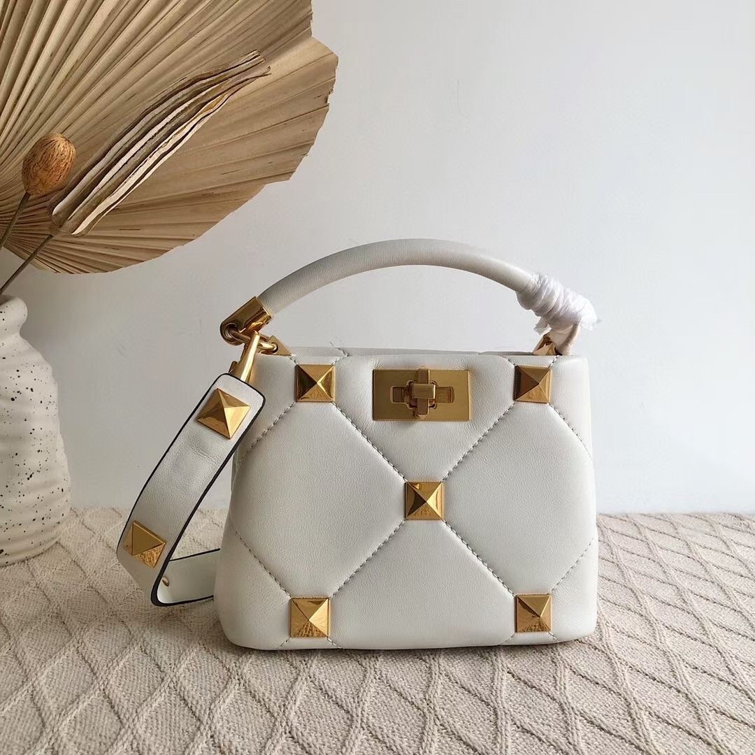 Valentino Small Roman Stud Top Handle Bag In White Nappa 375