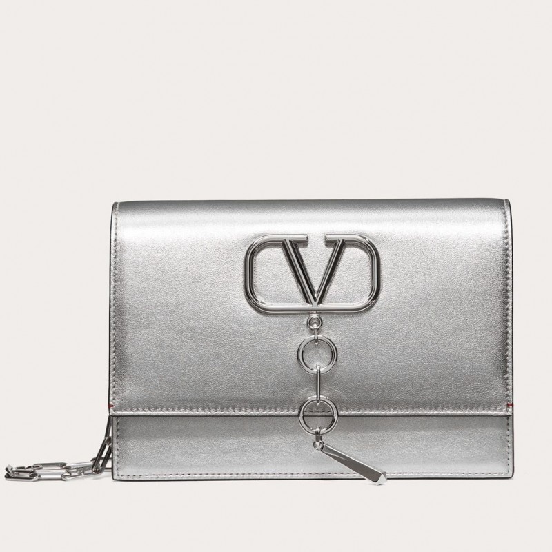 Valentino Vcase Small Chain Bag In Silver Metallic Lambskin 477