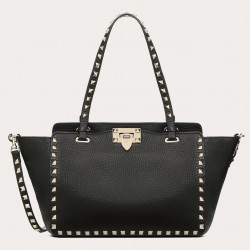 Valentino Small Rockstud Tote In Black Grain Calfskin 508