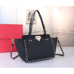 Valentino Small Rockstud Tote In Black Grain Calfskin 508