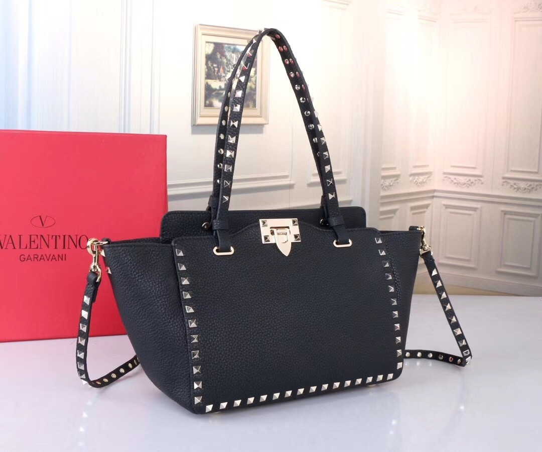 Valentino Small Rockstud Tote In Black Grain Calfskin 508