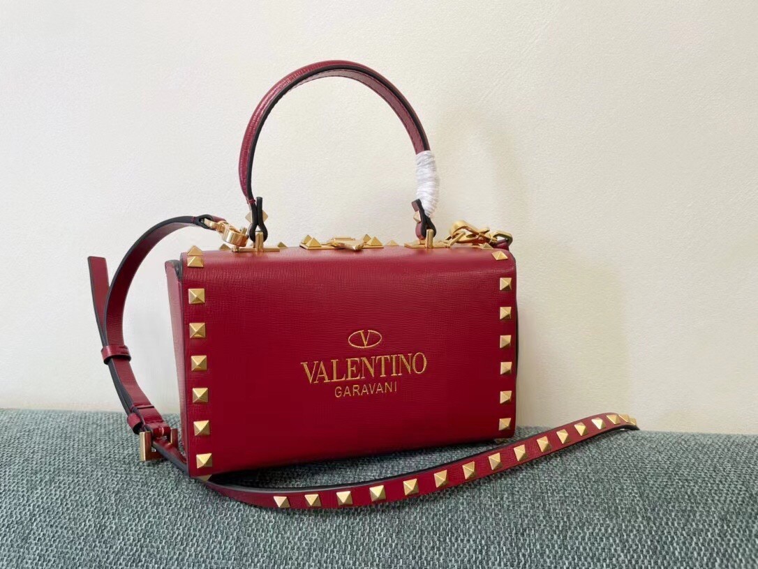 Valentino Rockstud Alcove Box Bag In Red Calfskin 955