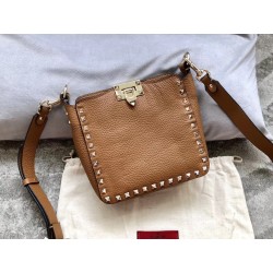 Valentino Mini Rockstud Hobo Bag In Brown Grained Leather 059