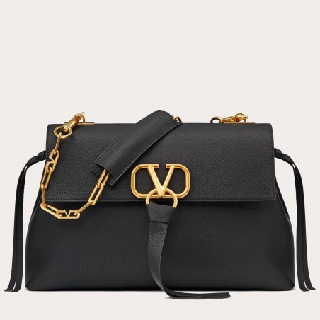 Valentino Medium VRing Chain Bag In Black Grainy Calfskin 147