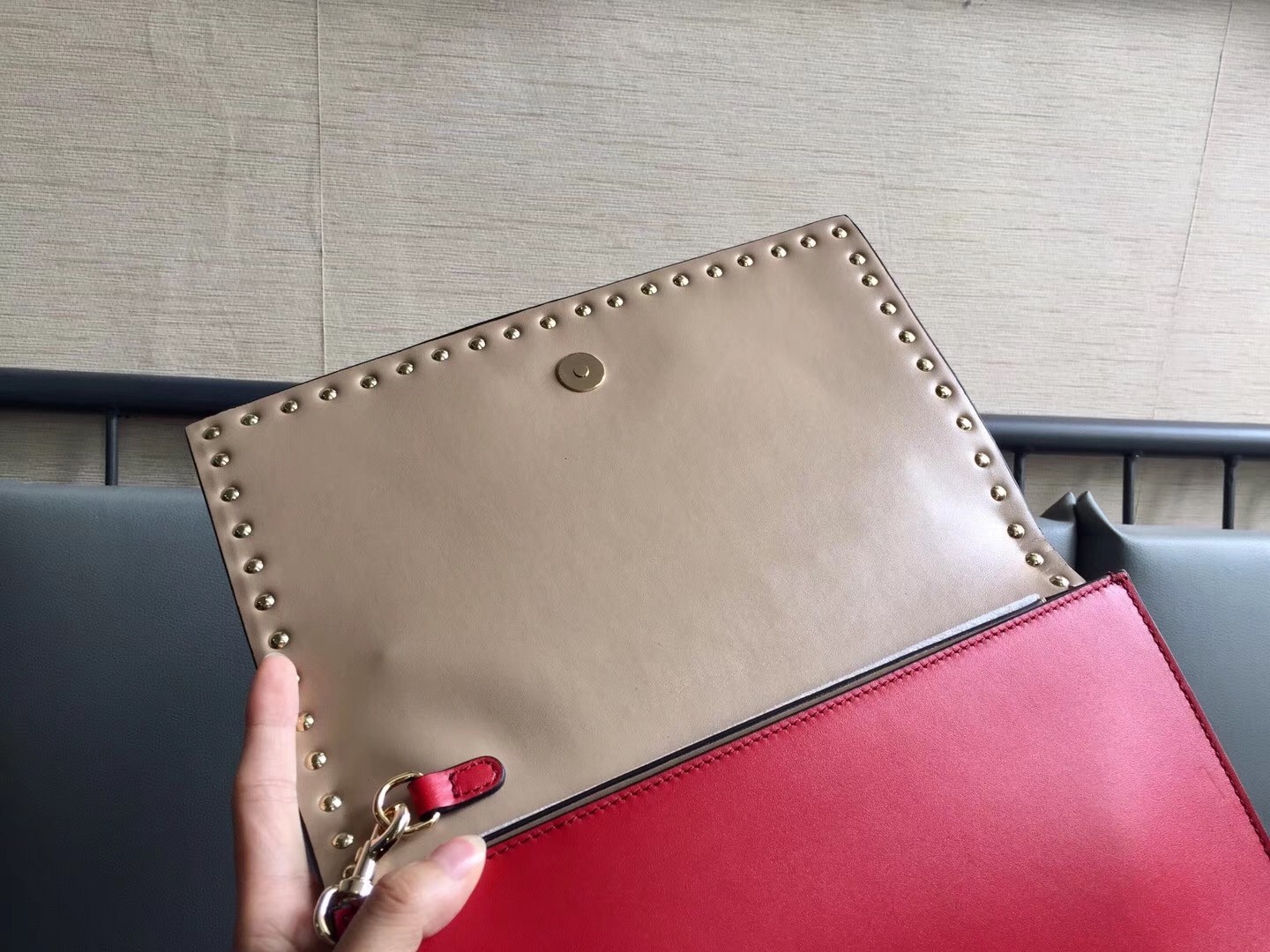 Valentino Rockstud Medium Clutch In Red Calfskin  129