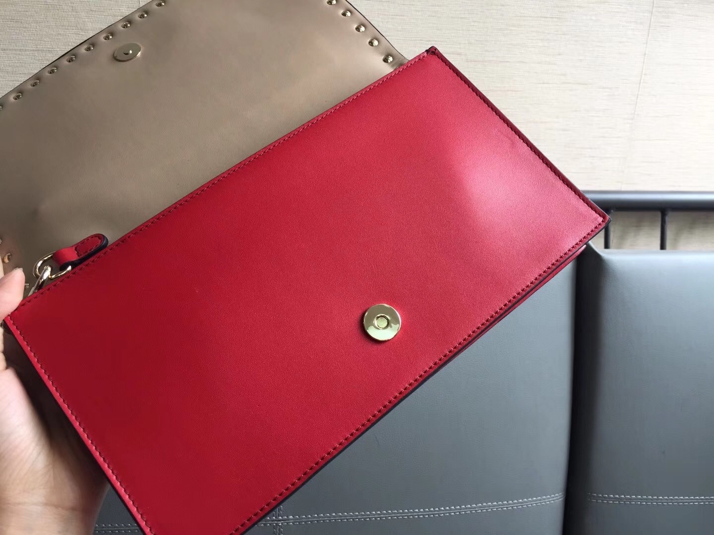 Valentino Rockstud Medium Clutch In Red Calfskin  129